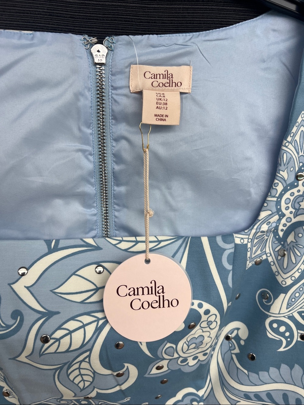 Camila Coelho mini patterned studded dress blue white silver size 8 - Picture 2 of 13